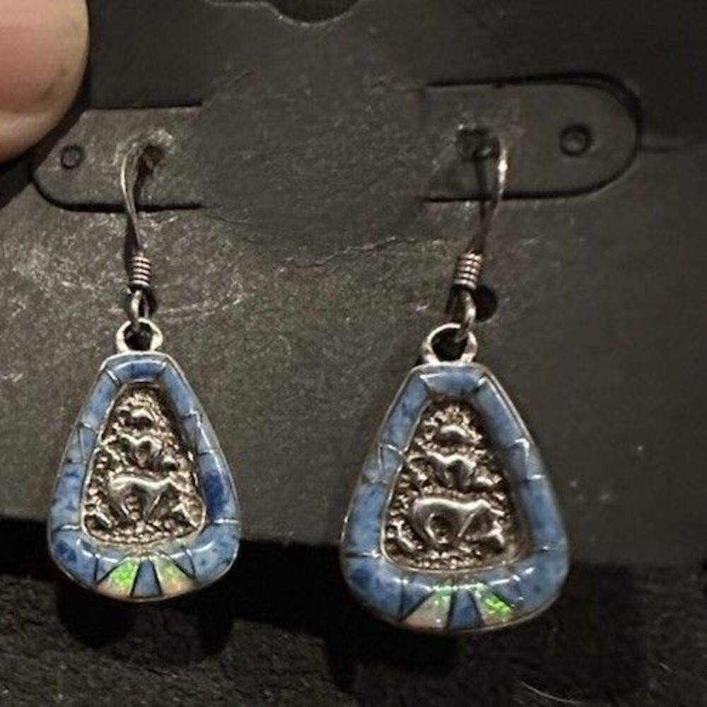 NATIVE AMERICAN ZUNI Bear Sterling Inlaid Lapis Opal Inlay Teardrop Earrings